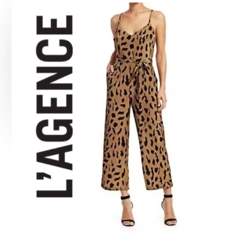 L'AGENCE Jaelyn Cheetah Cropped Spaghetti Strap Silk Jumpsuit